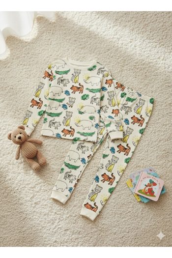 ROSAMINA Boys' 100% Cotton Animal Print White Pajama Set