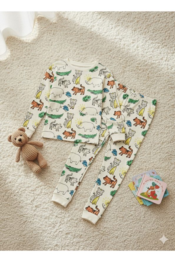 ROSAMINA Boys' 100% Cotton Animal Print White Pajama Set