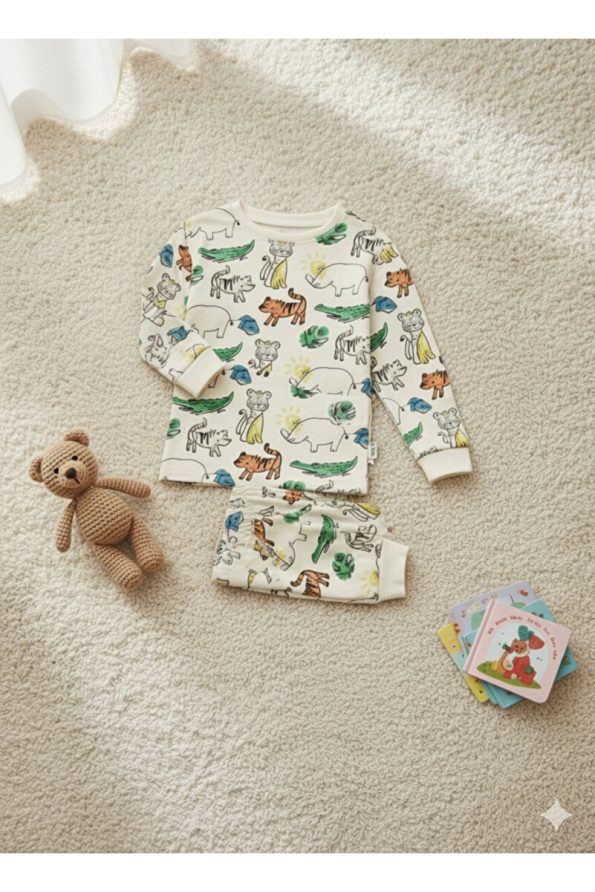ROSAMINA Boys' 100% Cotton Animal Print White Pajama Set
