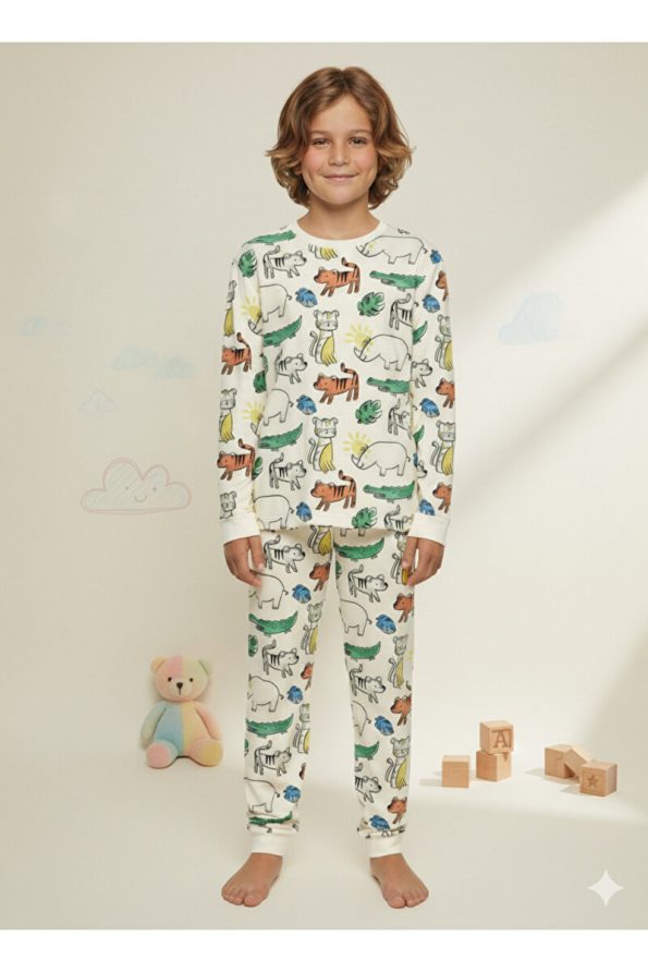 ROSAMINA Boys' 100% Cotton Animal Print White Pajama Set