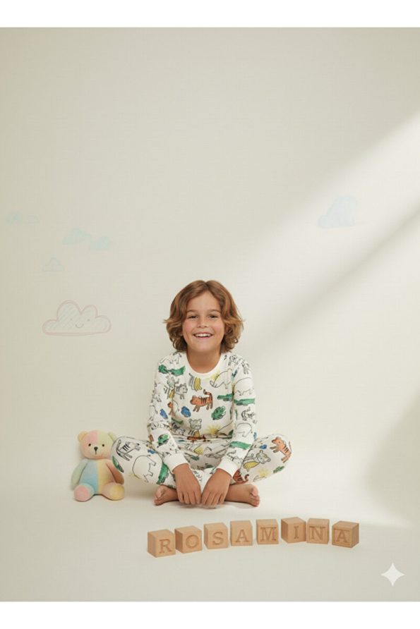 ROSAMINA Boys' 100% Cotton Animal Print White Pajama Set
