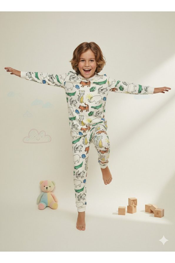 ROSAMINA Boys' 100% Cotton Animal Print White Pajama Set