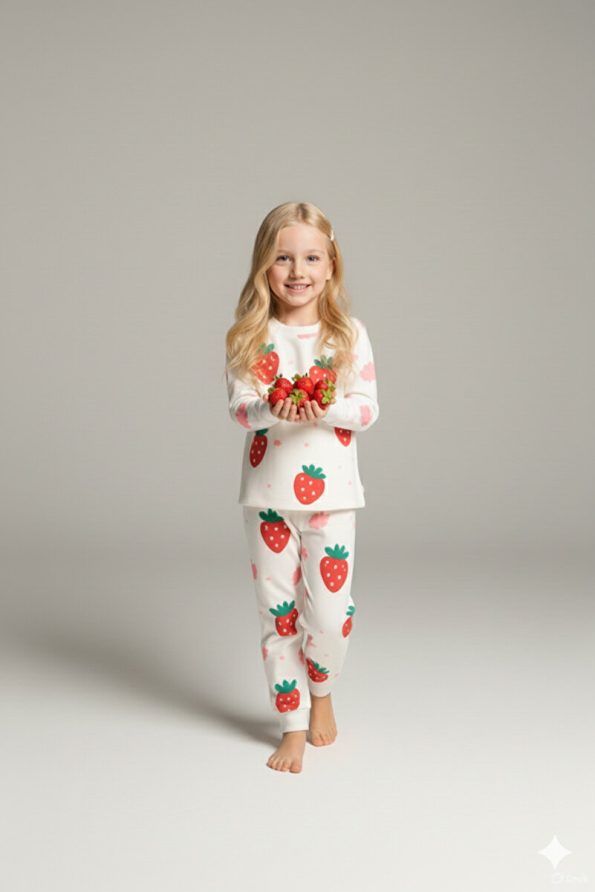 MADALINA Girls' Strawberry Print 100% Cotton Pajama Set