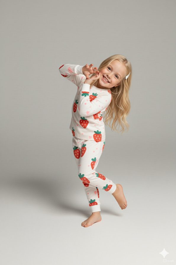 MADALINA Girls' Strawberry Print 100% Cotton Pajama Set