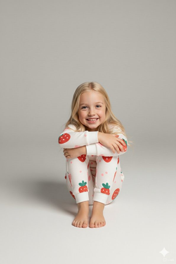 MADALINA Girls' Strawberry Print 100% Cotton Pajama Set