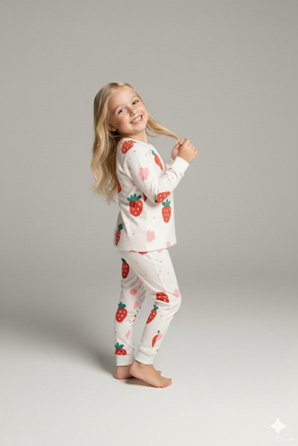 MADALINA Girls' Strawberry Print 100% Cotton Pajama Set