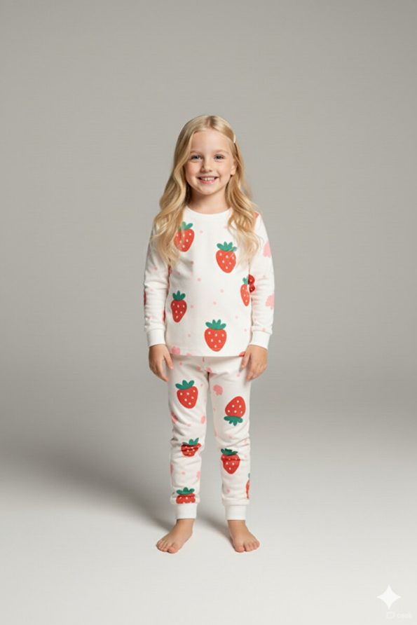 MADALINA Girls' Strawberry Print 100% Cotton Pajama Set