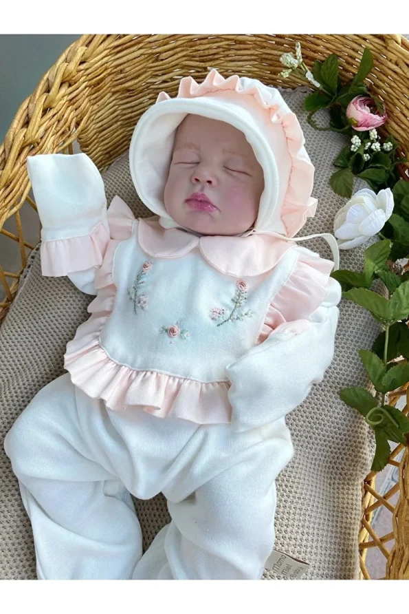 Mama Miel Baby Pink Ruffled Floral Newborn Romper and Hat