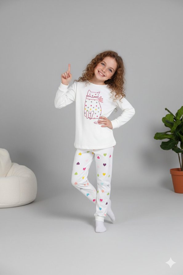 MADALINA Girls' 100% Cotton Cream Heart Pattern Winter Pajama Set