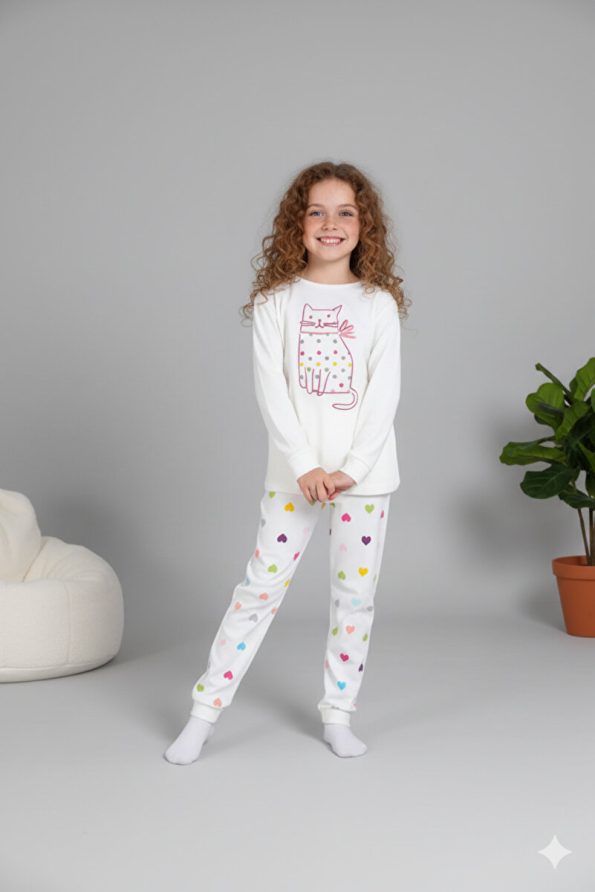 MADALINA Girls' 100% Cotton Cream Heart Pattern Winter Pajama Set
