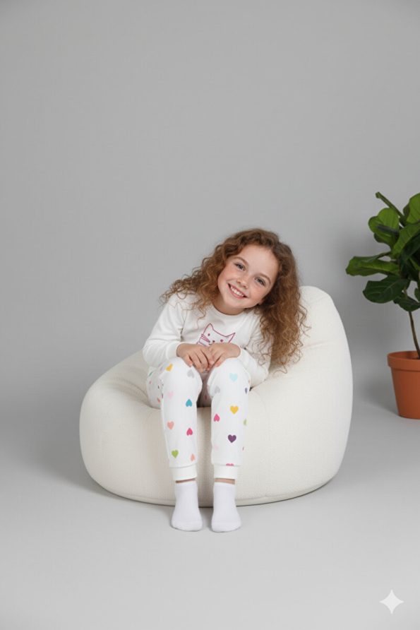 MADALINA Girls' 100% Cotton Cream Heart Pattern Winter Pajama Set