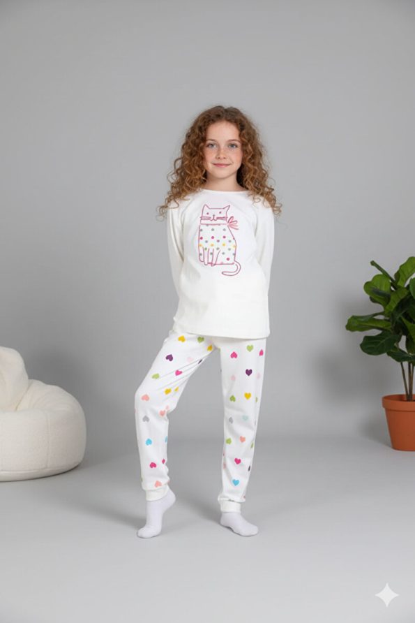 MADALINA Girls' 100% Cotton Cream Heart Pattern Winter Pajama Set
