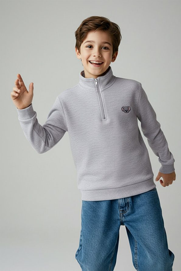 Trendyolmilla Kids Gray Melange Cotton Printed Stand Collar Regular Fit Boys Sweatshirt