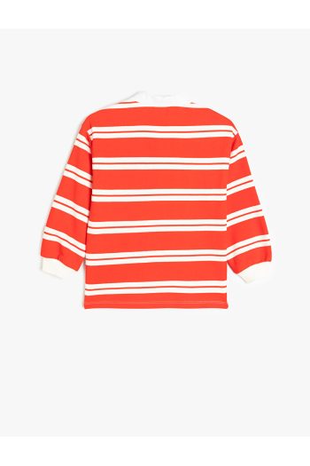 Striped Long Sleeve Button Detail Polo Collar Sweatshirt