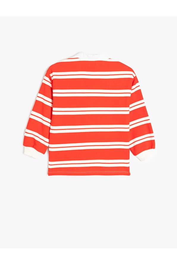 Striped Long Sleeve Button Detail Polo Collar Sweatshirt
