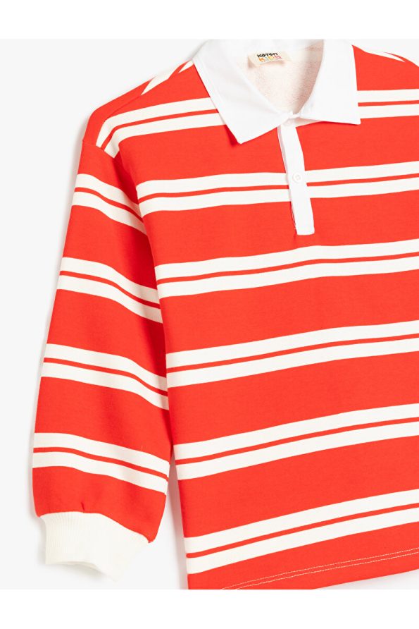 Striped Long Sleeve Button Detail Polo Collar Sweatshirt