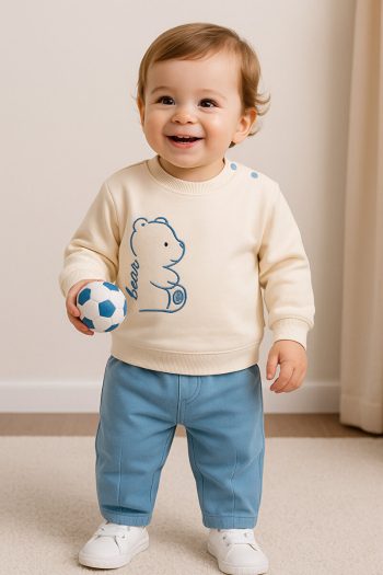 MyPrettyBaby Bear Stripe Embroidered Baby Boy Two-Piece Outfit