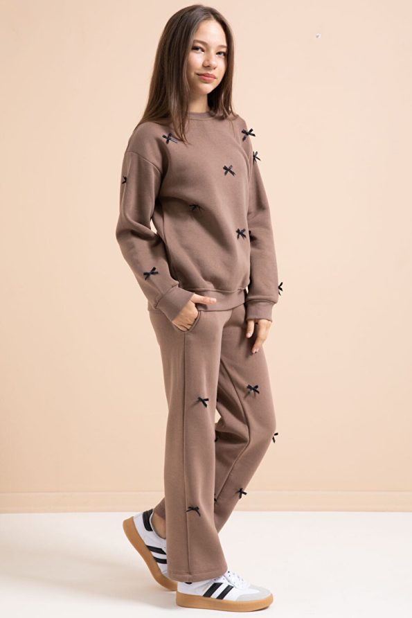 Cansın Mini Brown Bow Embroidered Girls' Sweatshirt Set