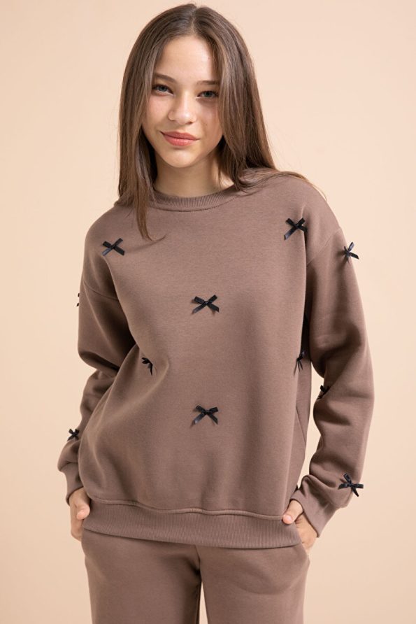 Cansın Mini Brown Bow Embroidered Girls' Sweatshirt Set