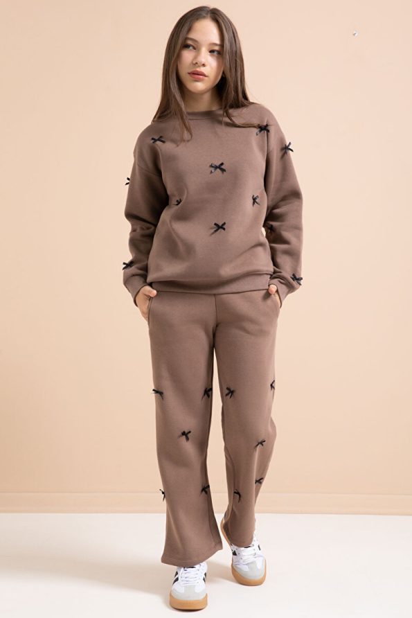 Cansın Mini Brown Bow Embroidered Girls' Sweatshirt Set