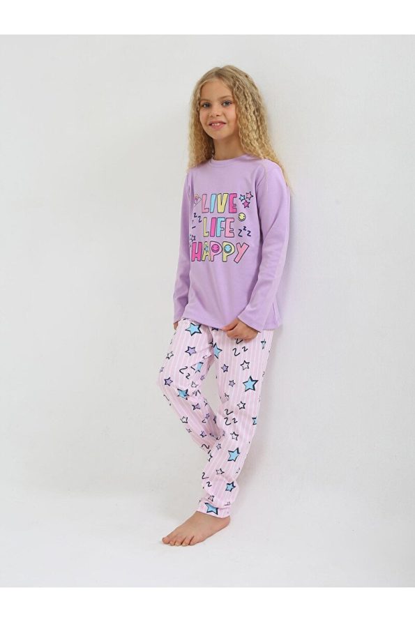 Vitmo Girls' Long Sleeve 100% Cotton Pajama Set Happy Life