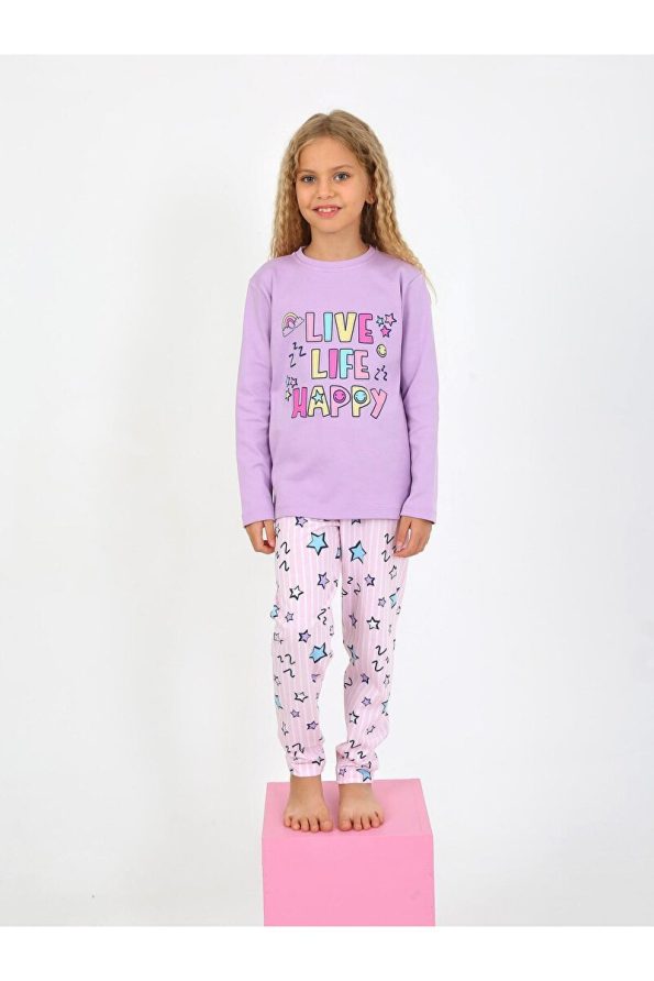 Vitmo Girls' Long Sleeve 100% Cotton Pajama Set Happy Life