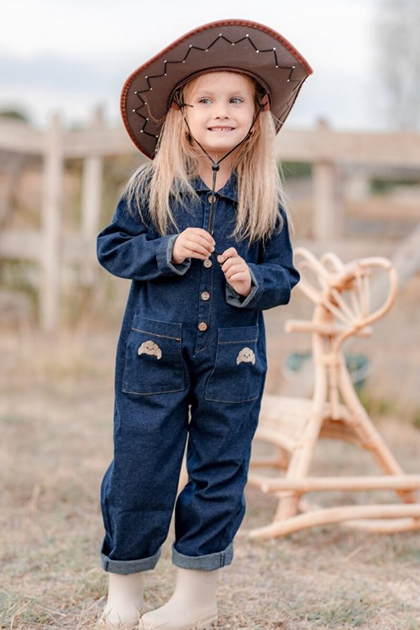 miabambim Croissant Embroidered Denim Overalls Unisex Navy Blue