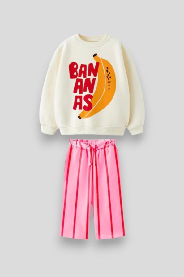 Girls' Cotton Ecru Banana Print Sweatshirt and Pink Striped Pants Set