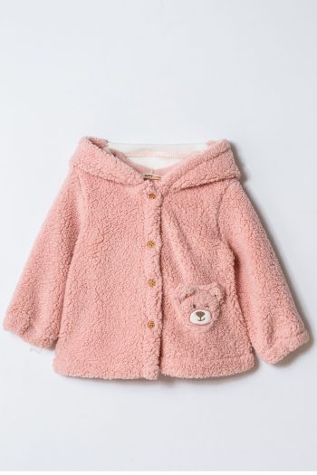 Girls' Cotton Pink Teddy Print Hooded Button-Up Coat with Bear Pocket