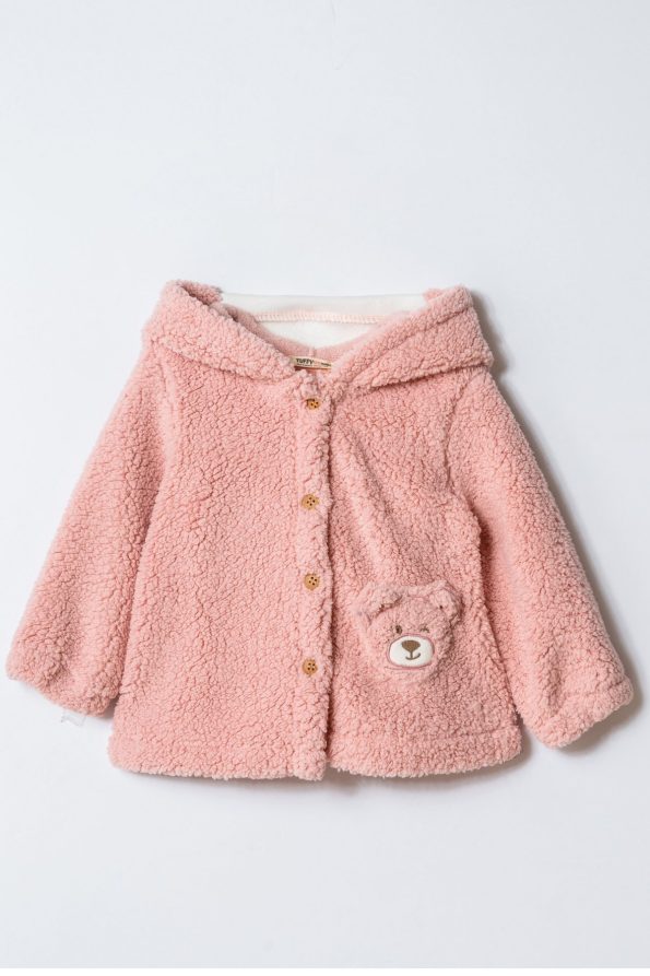 Girls' Cotton Pink Teddy Print Hooded Button-Up Coat with Bear Pocket