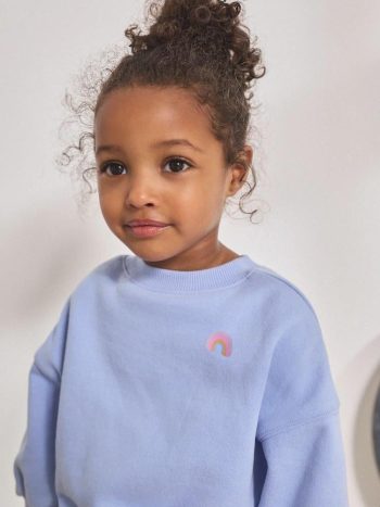Girls' Cotton Blue Sweatshirt and Colorful Polka Dot Flare Pants Set - Energetic Style