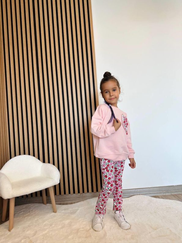 Girls' Cotton Pink Heart Patterned Sweatshirt and Floral Leggings Set