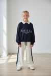 Girls' Cotton Navy Blue-White Paris Print Polo Collar Tracksuit