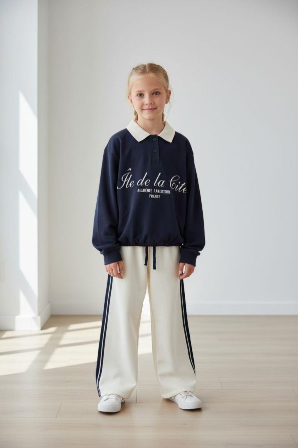 Girls' Cotton Navy Blue-White Paris Print Polo Collar Tracksuit