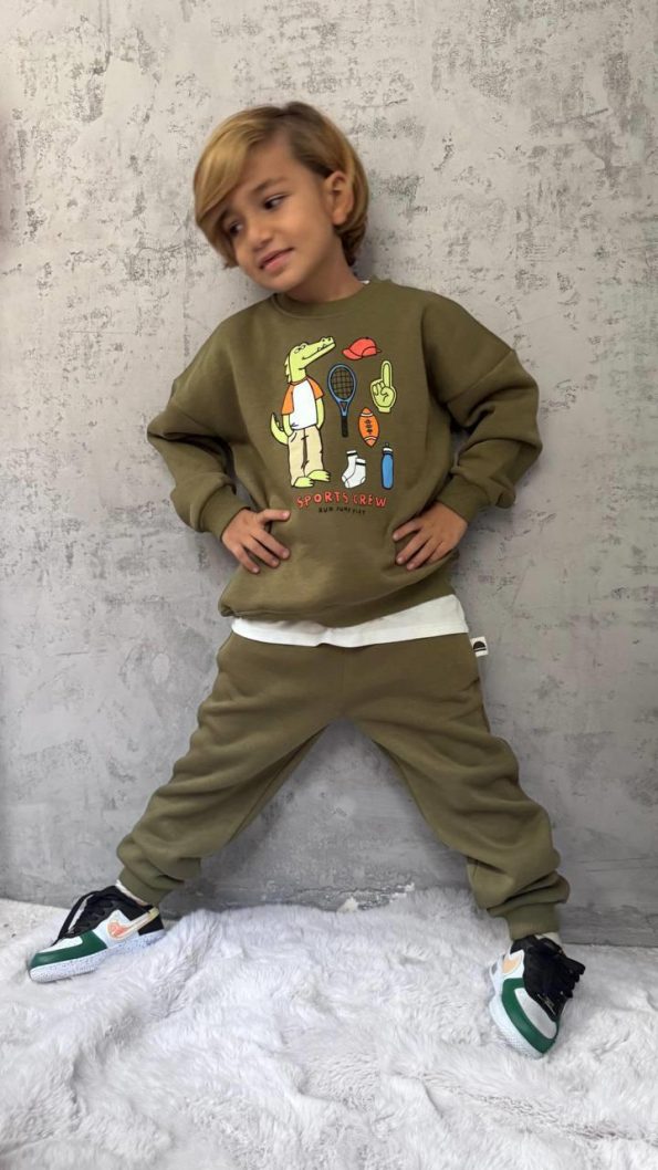 Boys' Cotton Khaki Crocodile Print Sweatshirt and Jogger Set