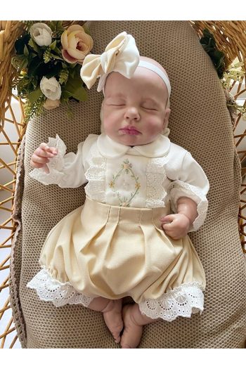 Mama Miel Baby Milk Coffee Frill Shorts and Ecru Handmade Bodysuit Bandana Set