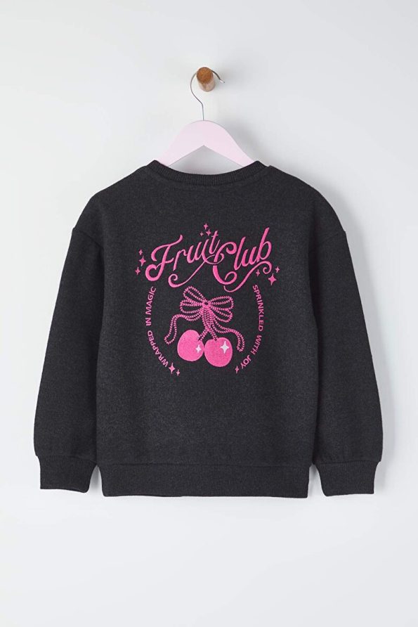 Trendyolmilla Kids Anthracite Cotton Printed Oversized Girls' Knit Sweatshirt