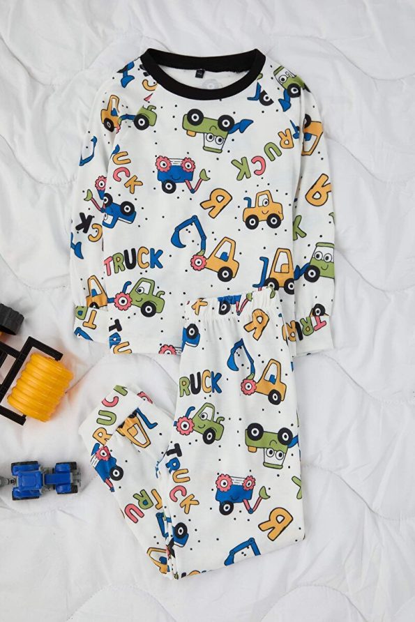 Trendyolmilla Kids Cream-Yellow Printed 4-Piece Knit Boys Pajama Set