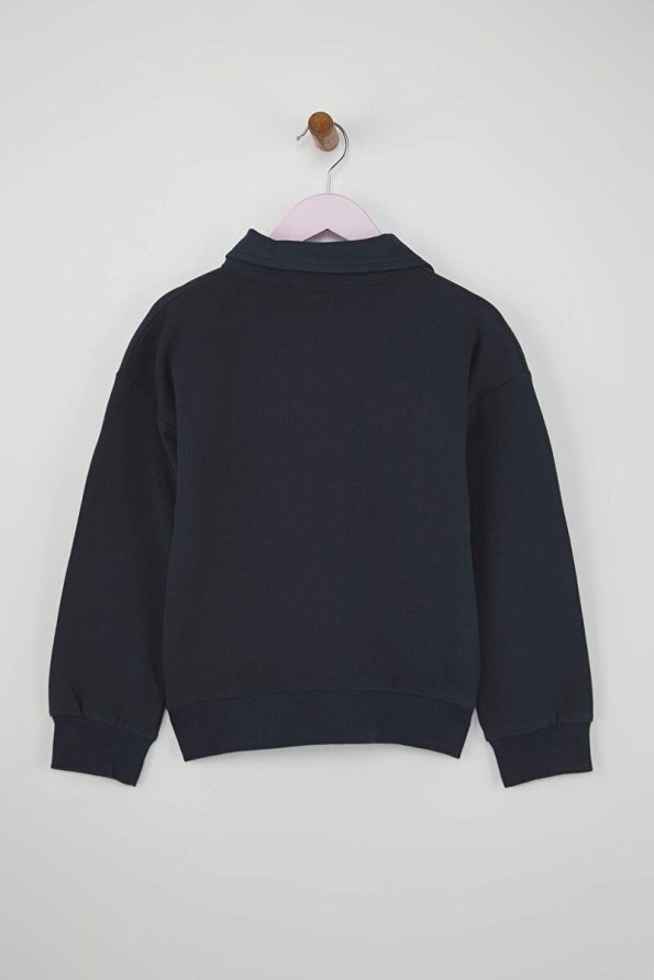 Trendyolmilla Kids Navy Blue 100% Cotton Slogan Printed Polo Neck Oversized Knit Sweatshirt