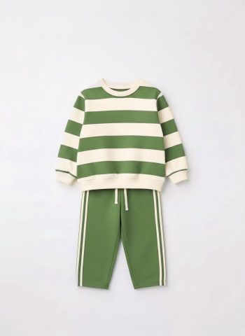 Unisex Kids Cotton Green Striped Sweatshirt and Track Pants Set