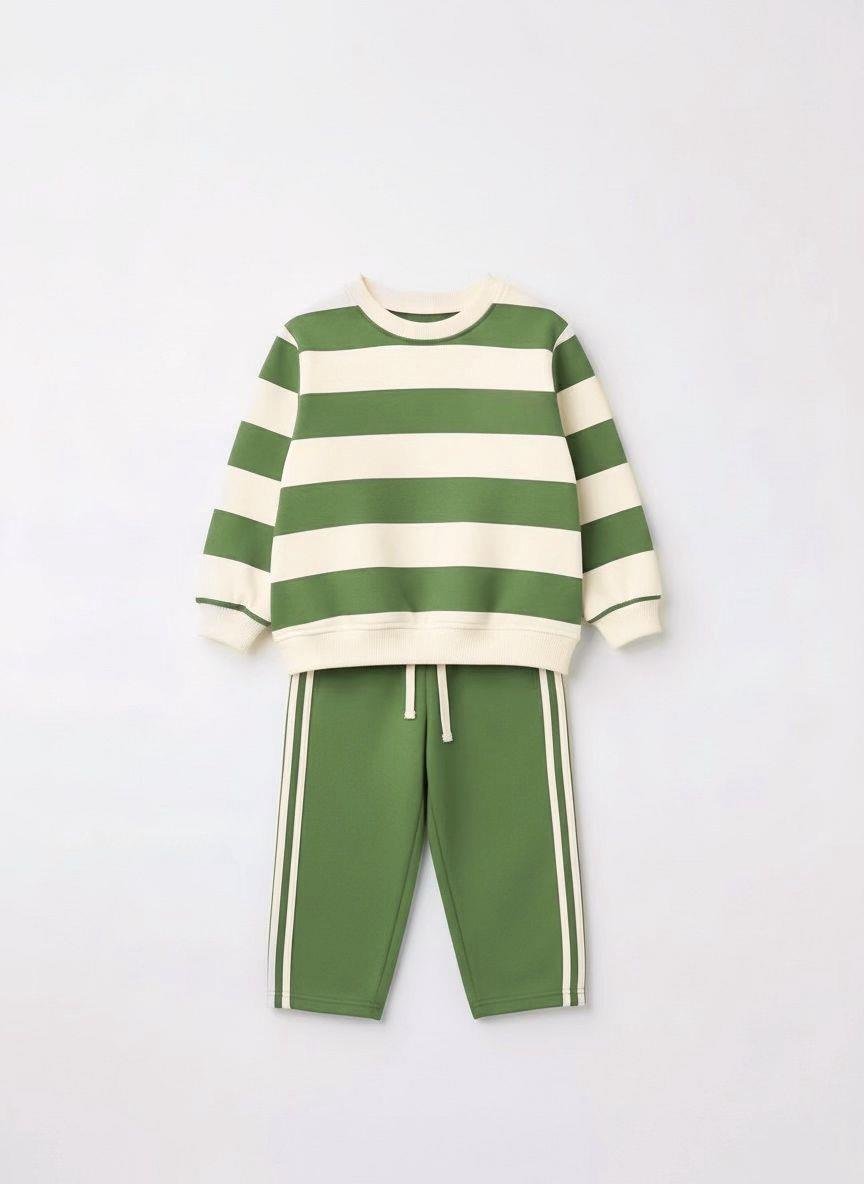 2d0dd370-8ce9-4426-9497-28c30490d078-790-e4.jpeg Unisex Kids Cotton Green Striped Sweatshirt and Track Pants Set