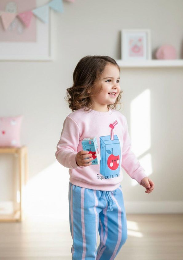 Girls' Cotton Pink Squeeze The Day Printed Tracksuit - Striped Bottom Model