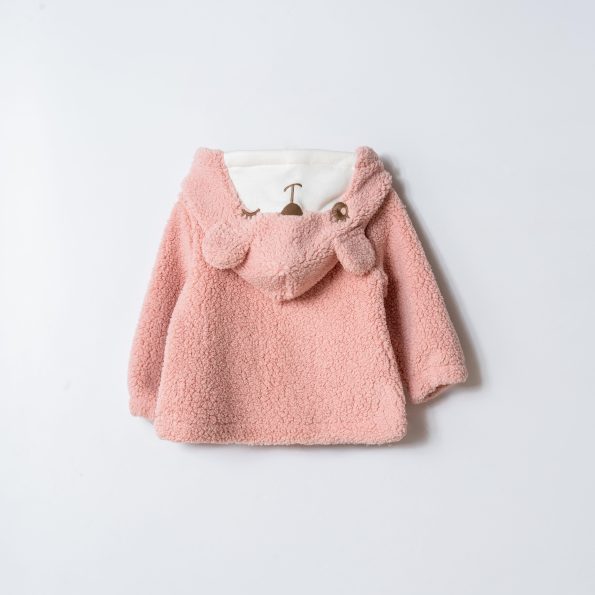 Girls' Cotton Pink Teddy Print Hooded Button-Up Coat with Bear Pocket