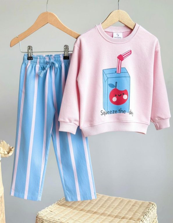 Girls' Cotton Pink Squeeze The Day Printed Tracksuit - Striped Bottom Model