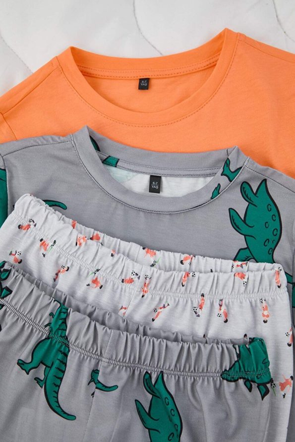 Trendyolmilla Kids Salmon-Grey Boys' 4-Piece Printed Pajama Set