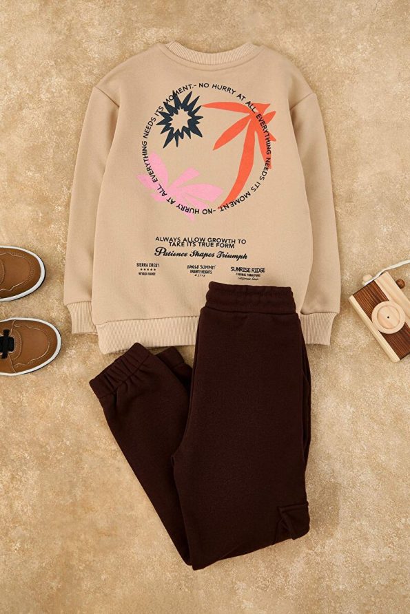Trendyolmilla Kids Beige Cotton Slogan Printed Regular Fit Boys Knitted Set