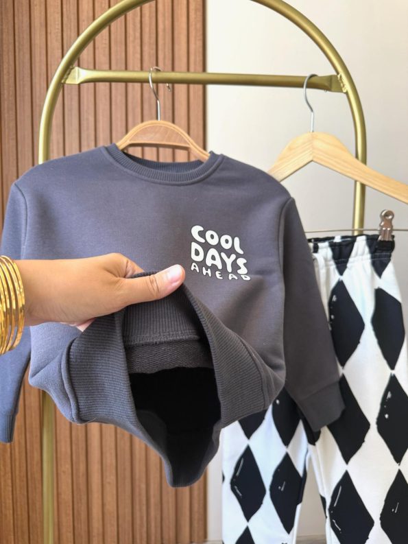 Unisex Kids Cotton Black Printed Sweatshirt and Patterned Bermuda Set