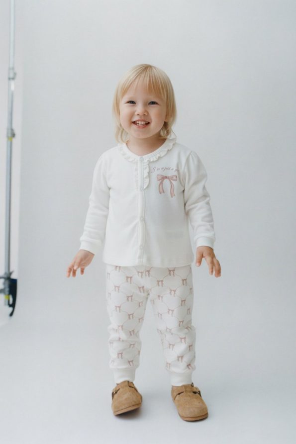Girls' Cotton Cream Pink Bow Pattern Long Sleeve Cardigan and Sweatpants Set