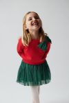 Girls' Cotton Red Bow Sweatshirt with Green Tulle Skirt Set