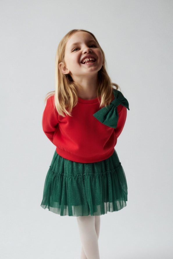 Girls' Cotton Red Bow Sweatshirt with Green Tulle Skirt Set